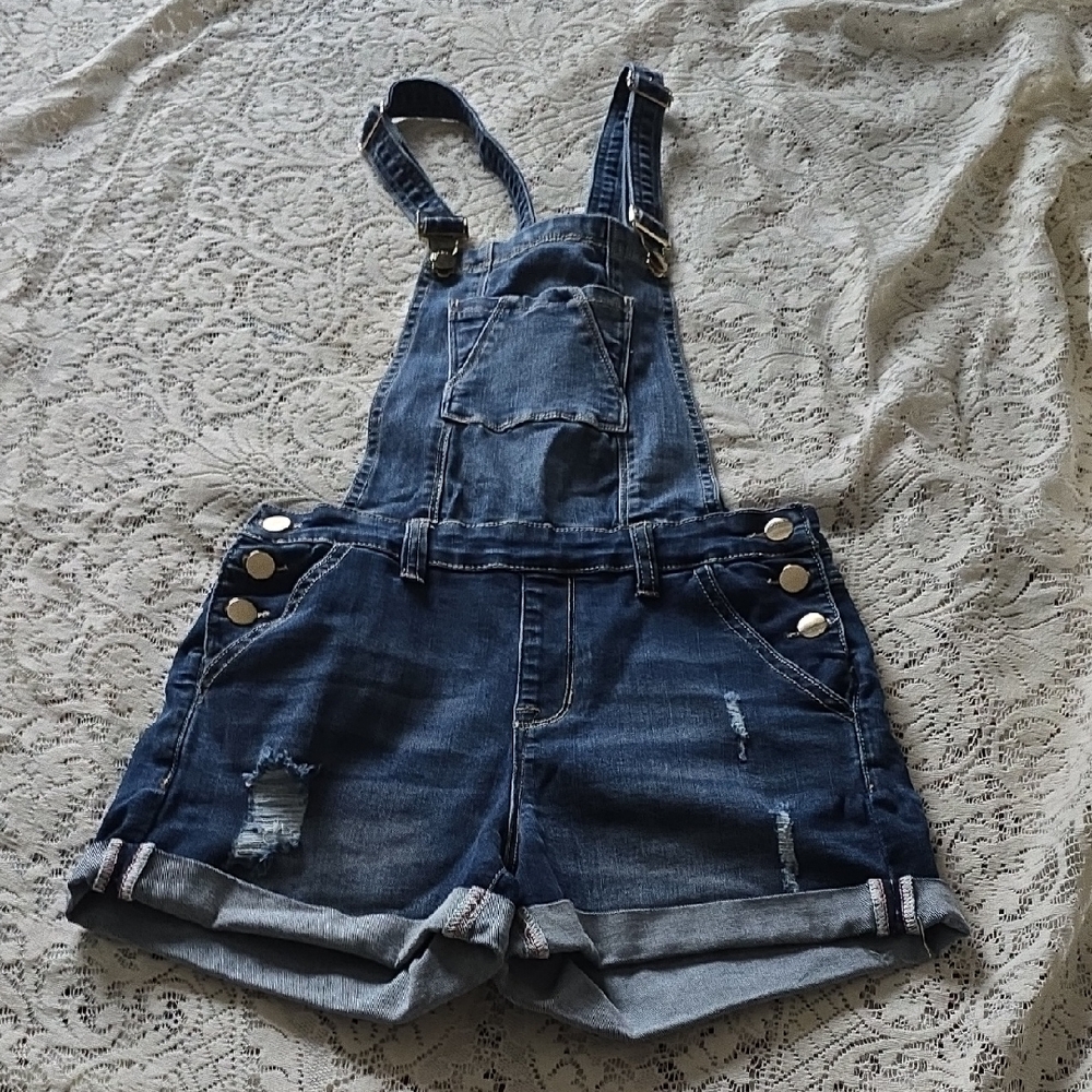 Denim Overalls with Distressed Detailing
